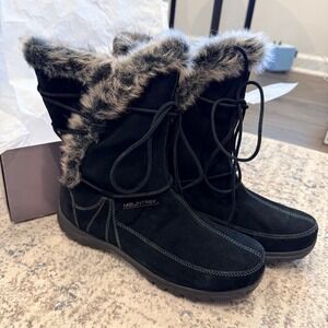 NIB MOUNTREK Ellie Lodge Mid Black Suede Faux Fur Winter Boots Womens 9.5